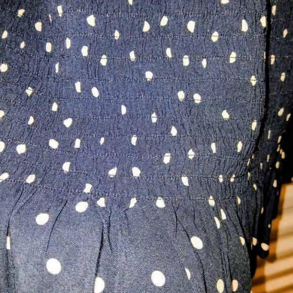 Row A Mini Dress Polka Dot Surplice Smocked V-Neck Ruffled Navy/White Large NWT - Picture 5 of 6